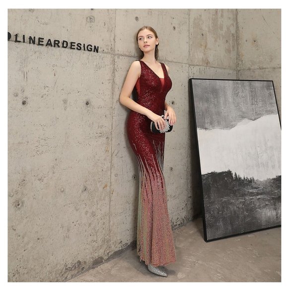 Dresses & Skirts - Red & Gold Sequin Dress Glitter Dress Formal Evening Gown Floor Length Ball Gown